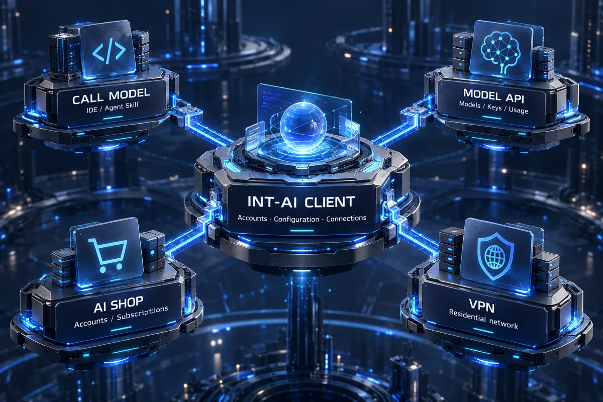 Product relationship diagram: INT-AI Client maintains the CALL MODEL connection and provides model account management plus access to AI SHOP and residential VPN.